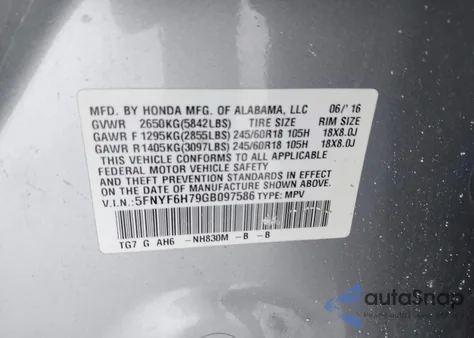 2016 Honda Pilot Ex-L z USA, uszkodzony, nr VIN 5FNYF6H79GB097586